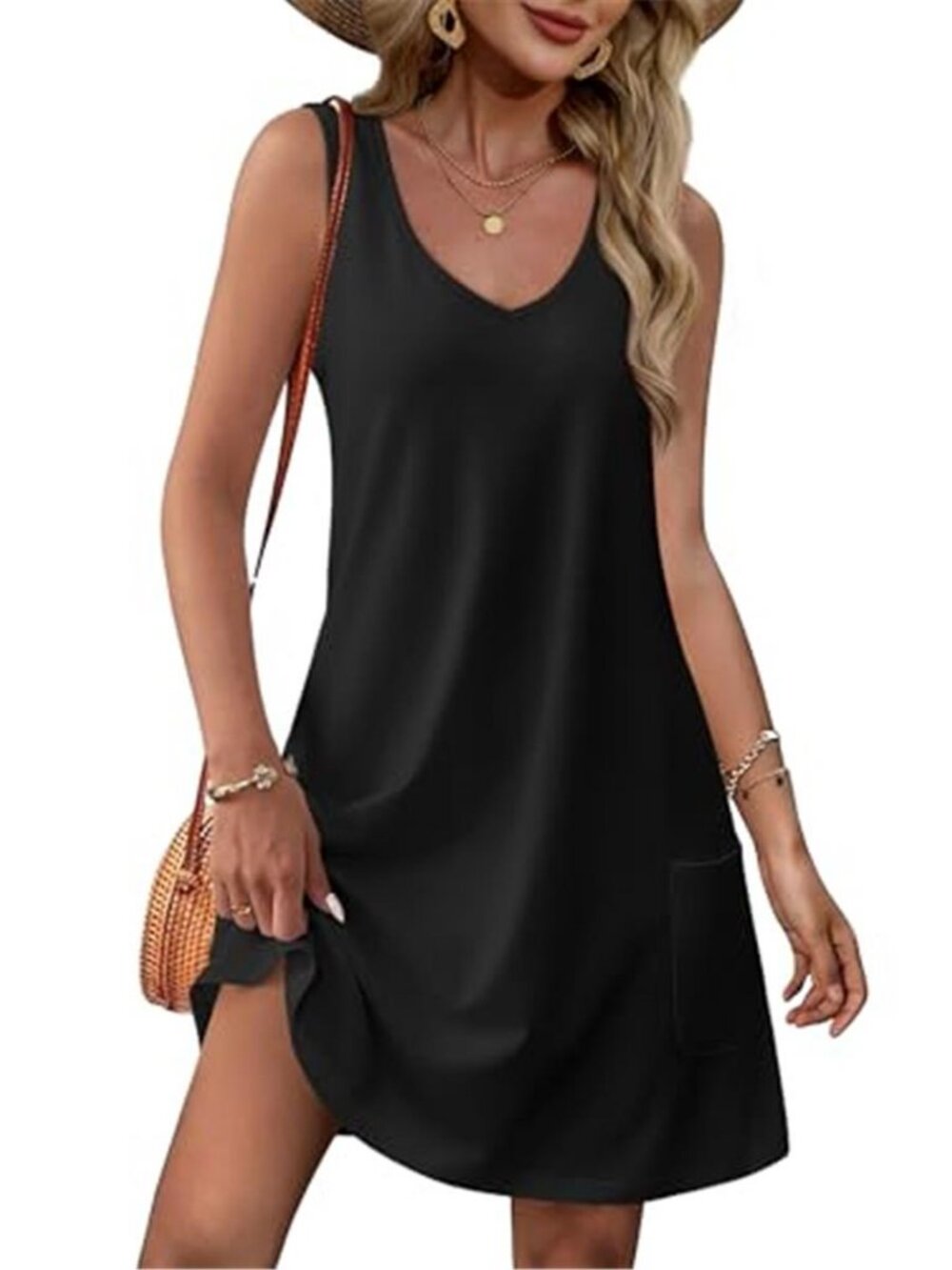OFEEFAN Black Sleeveless V-Neck Sundress Summer Casual Dress with Pockets